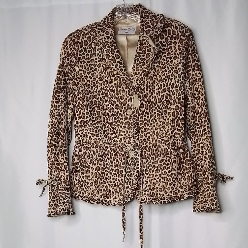 PAMELA McCOY COLLECTIONS LEOPARD PRINT LEATHER RUFFLE BLAZER SIZE L